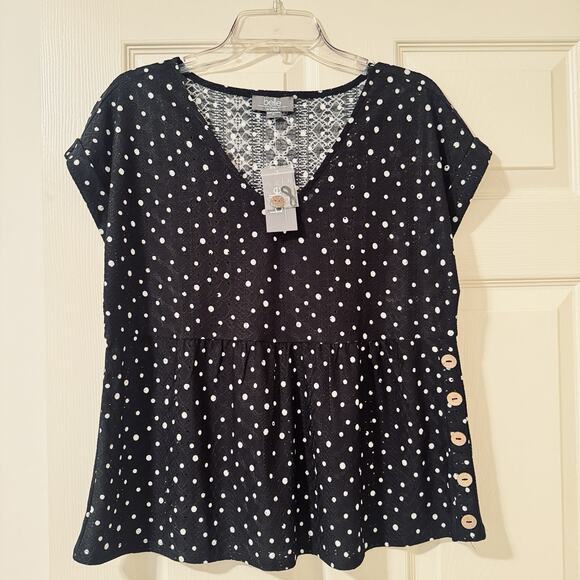 NWT BELLE by Belldini Black Polka Dot Blouse Peplum Top Flowy Casual Lasercut M - Picture 1 of 9